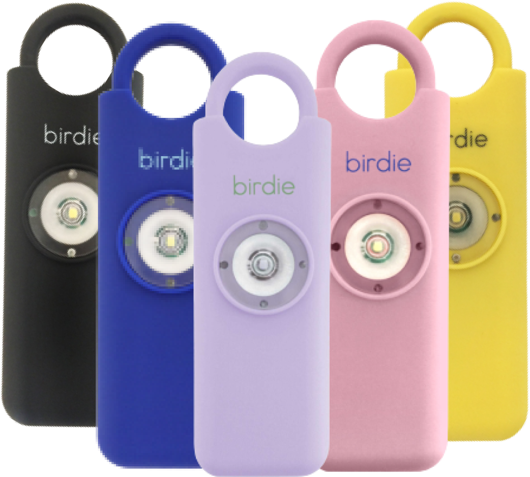 Five colorful personal safety alarms labeled 'birdie.'