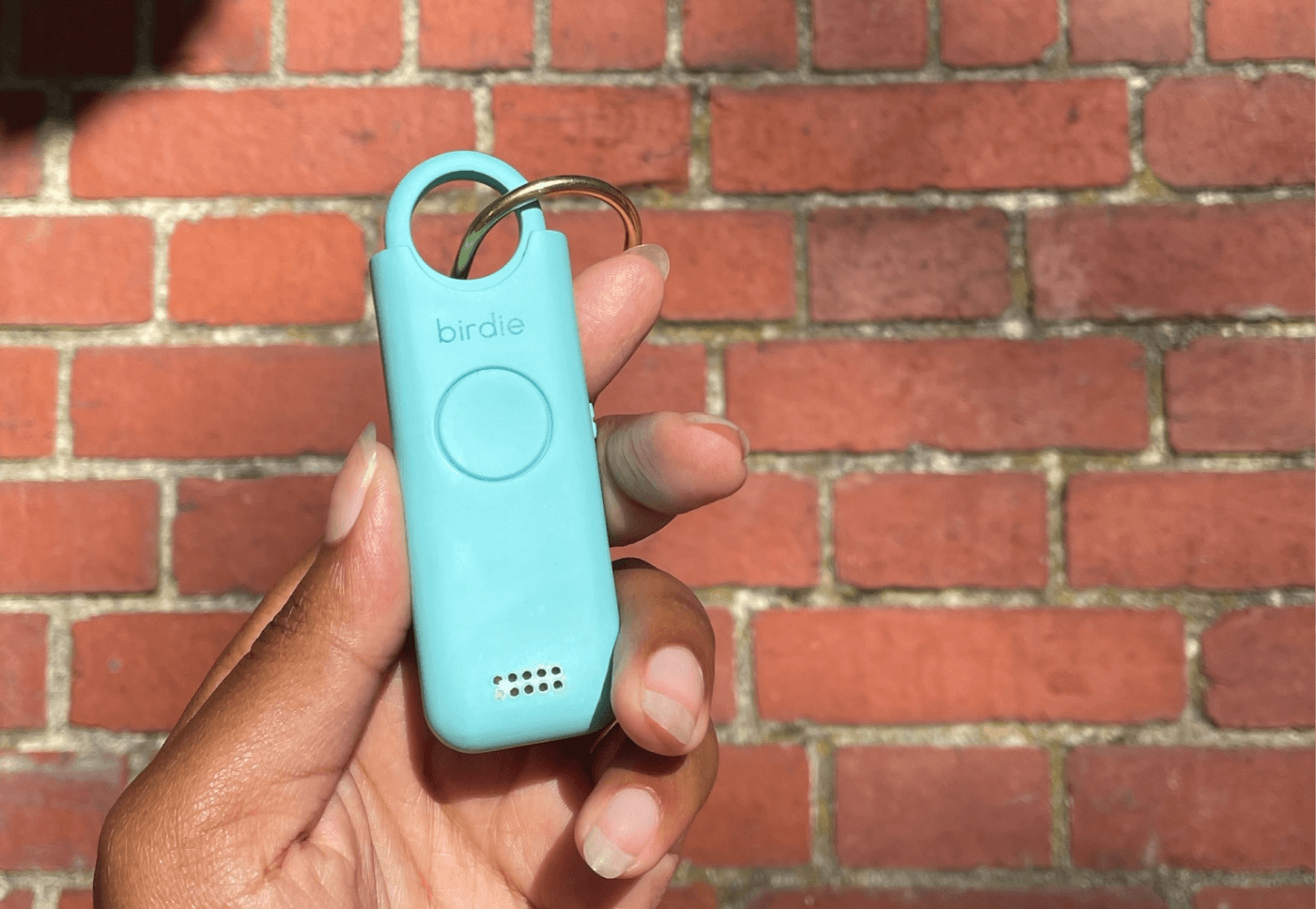 Hand holding a blue personal safety alarm with 'birdie' inscription against a brick background.
