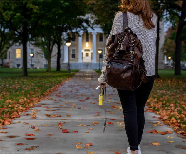 Student walking towards a campus building in autumn.