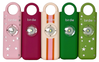 Row of colorful personal safety alarms with star and stripe designs.