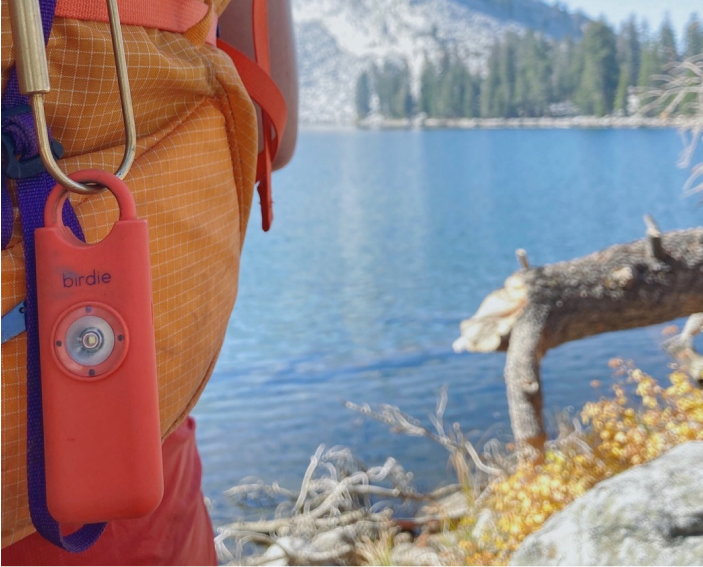 A hiker's backpack with safety alarm by a picturesque lake with mountains and trees.